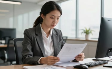 A professional accountant reviewing financial documents in a modern South American / Brazilian office, natural lighting, elegant and clean aesthetic, dark slate grey and soft off-white tones.