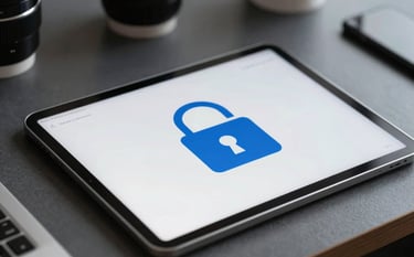 A close up of a secure digital tablet displaying financial data with a padlock icon on a modern desk in a South American / Brazilian setting, conveying privacy and data protection, dark slate grey and medium blue tones.