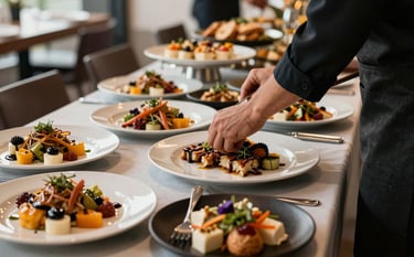 A professionally managed catering event in a modern Southern African venue. Elegant food presentation on soft off-white platters with deep black accents. The lighting is premium and warm, highlighting the high-quality hospitality standards.