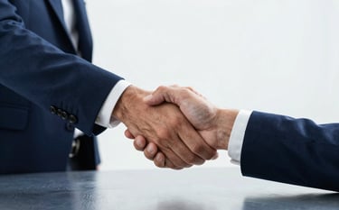 A professional close-up shot of two people in a professional Brazilian business setting shaking hands over a sleek steel blue desk. One person wears a professional watch and a tailored dark navy blue suit. The overall mood is trust and success, with a clean ice white background and natural lighting.