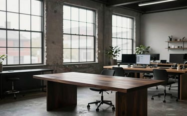 A high-end, modern North American / US creative studio with industrial windows. A professional setup featuring minimalist dark wood and steel. Natural, soft daylight illuminates a clean space designed for high-quality content production and campaign planning.