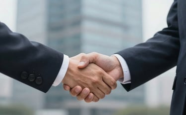 A professional handshake between two people in business attire, close-up shot, representing trust and financial partnership. The background is slightly blurred with corporate architecture in #A7B9C7 tones.