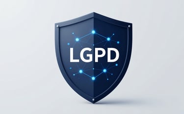 A conceptual image of a digital shield and blue glowing data nodes, symbolizing the LGPD data protection. Minimalist and clean aesthetic with #0F1A2C and #F5F7F9 contrast.
