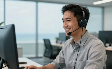 A customer support representative wearing a professional headset, smiling while working in a sleek, modern Southeast Asian / Indonesian corporate office. The background is slightly blurred with ocean blue accents and glass partitions.