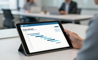 A technical project manager's workspace featuring a tablet with a Gantt chart and blueprints. In the background, a blurred modern boardroom suggests high-level supervision. The style is clean and corporate, utilizing #899DAF and #DDE4EB for a crisp, organized feel.