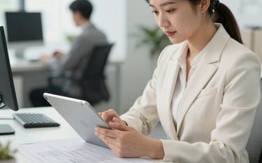A professional property manager in a soft off-white North American / US office environment, reviewing digital plans on a light sage grey tablet, clean modern aesthetic, soft daylight.