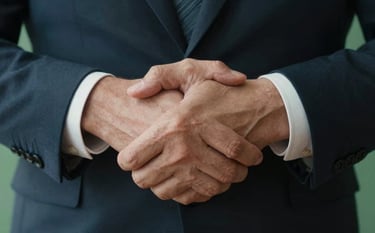 A close-up of hands shaking in a professional North American / US business setting, with a backdrop featuring subtle dark slate teal and deep sage green accents.