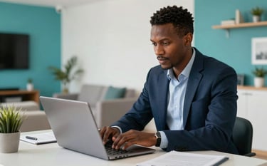 A Southern African professional working on a laptop in a modern, stylish apartment. The scene is bright with Cyan and Navy accents in the decor, focusing on productivity and the efficiency of a high-speed network connection.