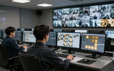 A sophisticated security operations center with multiple monitors showing surveillance grids, illuminated by slate grey and antique gold interface lights, deep charcoal furniture, high-tech and reliable mood.