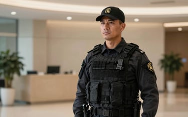 A professional security officer in a deep charcoal tactical uniform with a subtle antique gold Spartan crest on the sleeve, standing guard in a modern corporate lobby with soft beige lighting, professional and authoritative atmosphere.