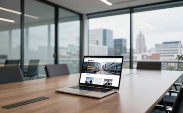 A wide shot of a contemporary British boardroom with glass walls overlooking a cityscape. A high-spec laptop shows a professional website layout. The lighting is bright and clean, reflecting a trustworthy corporate environment.