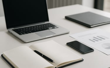 Modern photography of a clean workspace in a Northern European office. A sleek laptop sits next to official-looking incorporation documents and a designer pen. Soft morning light, professional atmosphere, navy blue and silver accents.