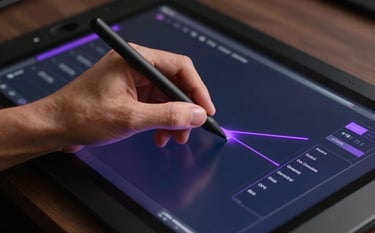 A close-up shot of a designer's hand using a precision stylus on a large graphic tablet, displaying a futuristic user interface with electric purple highlights against a deep navy background.