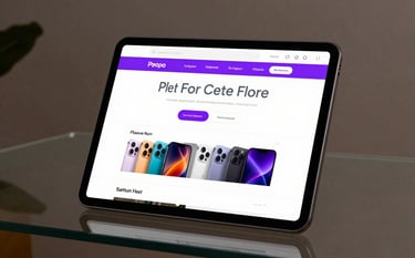 A sleek tablet standing on a glass table in a modern studio, showing a vibrant e-commerce product page with light grey typography and electric purple accents.