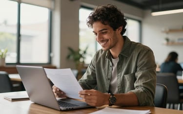 A professional South American person in a bright, modern Brazilian co-working space, smiling while reviewing documents on a sleek laptop, warm natural light coming from a large window.