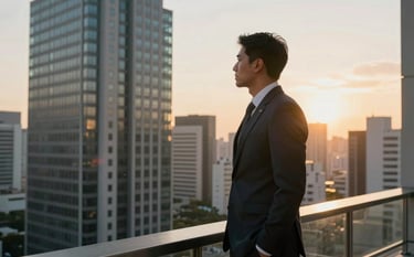 A confident professional standing in a high-rise office in a major Brazilian city, overlooking a skyline with modern architecture, side profile, sunset lighting casting long shadows.