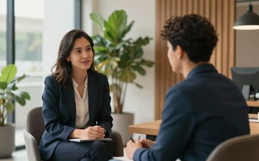 An empathetic career mentor and a young professional sitting across from each other in a contemporary South American office with wooden accents and lush indoor plants, soft morning light, professional and supportive atmosphere.