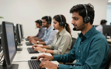 A photography shot of the 24/7 helpdesk team in a clean, professional office in Uttar Pradesh, India. Friendly South Asian staff members are seen wearing headsets and interacting with computer screens, representing dedicated customer service and grievance management. Deep teal and off-white color palette.