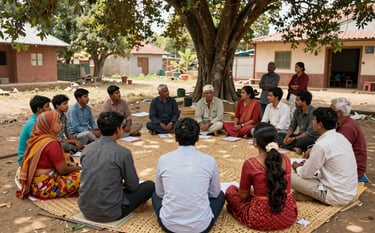 An outdoor photograph of a community meeting in a South Asian village. A group of men and women sit in a circle on woven mats under a large tree, engaged in a skill-development workshop led by a Metro Micro Finance representative. The style is documentary photography with a down-to-earth, supportive feel.