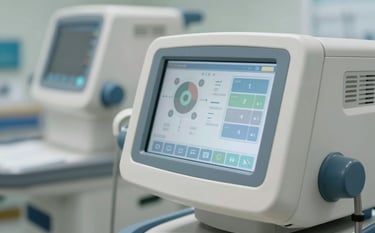 A close-up photograph of high-tech medical equipment in a North American / US hospital setting. The focus is on the sleek industrial design and interface, illuminated by cool daylight and soft artificial light in shades of off-white and light blue.