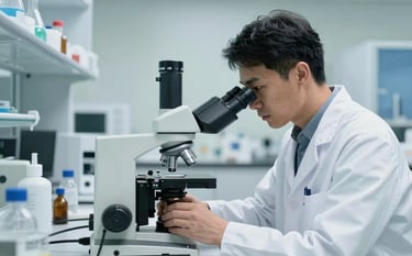 A sharp, high-key photograph of a modern scientific laboratory in North American / US. A scientist in a professional lab coat is working with a high-end microscope. The room is clean with soft light blue and off-white accents, conveying clinical precision.