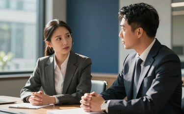 A medium shot of two professionals in corporate attire having a serious but calm discussion in a sunlit conference room in a North American business hub. The lighting is soft and natural, emphasizing a sense of trust and partnership. The background shows blurred glass and navy blue accents.
