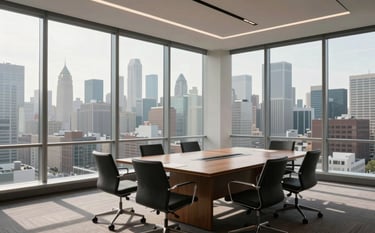 A wide-angle shot of a bright, contemporary North American boardroom with floor-to-ceiling windows. The city skyline is visible in soft morning light. The style is modern, efficient, and empowering, with a focus on professional success.
