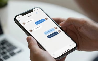 A close-up shot of a person's hands typing on a clean, modern smartphone screen showing a chat interface. The aesthetic is professional and efficient, using a palette of #F7FAFC and #2D3748 with soft daylight lighting.