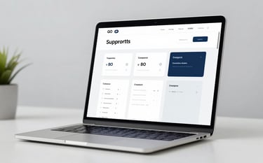 A clean, modern professional workspace with a sleek laptop showing a support dashboard. The color palette features soft grays #A0AEC0 and crisp off-whites #F7FAFC, with deep accents of #1A202C. High-key lighting, minimalist style.