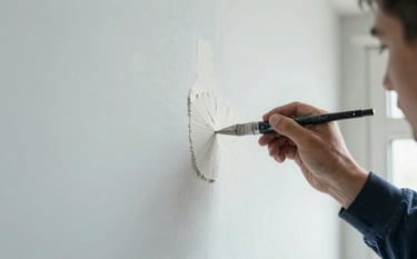 Extreme close-up of smooth white plaster being applied to a wall joint by a professional craftsman. Soft focus, bright daylight, emphasizing texture and quality in a Dutch home renovation context. Palette colors: light blue-grey and dark navy blue.