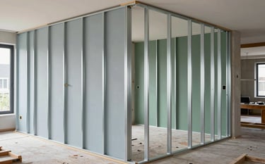 A professional construction scene in a modern Dutch apartment. Installation of metal stud partition walls. Bright natural light, clean workspace, showing high-quality craftsmanship in the Northern European style. Colors include light blue-grey and muted green.