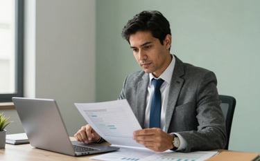 A professional South American / Brazilian accountant in a bright, modern office, reviewing financial documents on a desk with a laptop. The room features soft sage green and pearl grey walls, creating a clean and trustworthy atmosphere. Soft natural lighting.