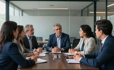 A diverse group of South American / Brazilian family business partners sitting in a modern conference room with glass walls, discussing plans. Dark slate blue and pearl grey palette.