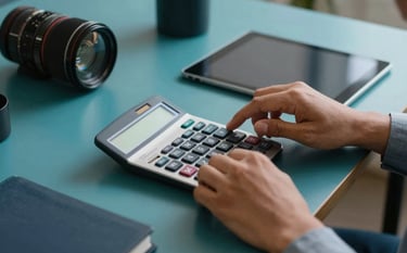 Close-up of the hands of a South American / Brazilian professional using a calculator and a tablet at a desk. Deep forest teal and dark slate blue office accessories are visible. Professional and modern environment.