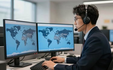 A professional customer service representative in a modern office with multiple monitors showing global shipping maps in sky blue and navy, soft natural lighting.