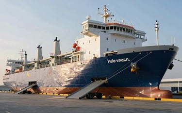 A large white and steel blue Ro-Ro ship docked at a modern port terminal, vehicle ramps deployed, shot during a clear morning with crisp light emphasizing reliability.