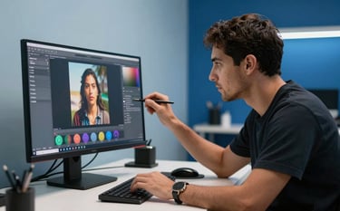 A focused South American / Brazilian specialist working on a high-end color-calibrated monitor in a modern studio. The workspace is clean and professional, featuring muted light blue and deep royal blue accents in the background lighting. Cinematic shot showing precision in digital image retouching.