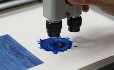 Macro photography of a high-precision printing loupe resting on a color-rich proofing sheet. The setting is a professional South American / Brazilian printing house. The lighting is soft and neutral, highlighting the subtle textures of the paper and the deep royal blue ink details.