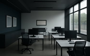 A wide-angle shot of a sophisticated, modern South American / Brazilian design and printing firm. Large windows letting in soft natural light, clean desks with high-tech equipment, and subtle dark navy and misty white color palette throughout the architecture.