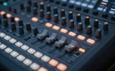 A top-down view of a professional audio mixing console with illuminated buttons. The aesthetic is clean and modern, incorporating #2C3E50 and #BCAAA4 tones. The lighting emphasizes a high-tech, efficient commercial production environment.