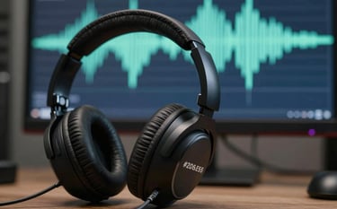 Close up of studio headphones and a digital wave form on a monitor in the background. Professional studio vibe with #2C3E50 and #8D6E63 accents. The image conveys energy and high-fidelity sound quality for event promotions.