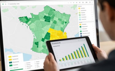 A clean, technological view of a digital map showing land parcels in Southern France. Data overlays indicate solar potential and soil humidity. A pair of hands holds a tablet showing yield charts. Professional expertise atmosphere, using white, emerald green (#2E7D65) and solar yellow (#E7C66B) accents.