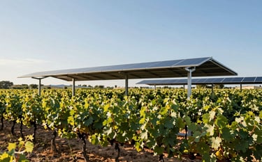 A wide-angle shot of advanced solar shades installed over a lush vineyard in Provence. The structures are sleek and modern, casting controlled shadows on the vines. The sky is a clear Mediterranean blue. The lighting is bright and warm, emphasizing the emerald green of the leaves (#2E7D65) and the metallic sheen of the solar panels. High-end photography style.