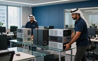 Organized office relocation scene with movers handling high-end computer equipment and glass desks in a sleek office building in Abu Dhabi, Middle Eastern / Gulf business environment, professional lighting, deep blue color accents.