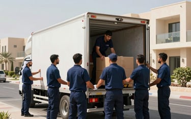 A professional team in uniforms carefully loading a residential moving truck in a modern neighborhood in Al Ain, Middle Eastern / Gulf setting, bright daylight, emphasizing efficiency and care, muted blue and deep blue colors.