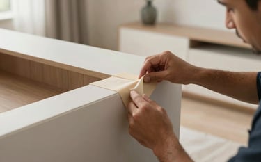 Close-up photography of a moving expert applying protective padding to a high-quality furniture item, modern Middle Eastern / Gulf interior, soft natural light, focused on craftsmanship and reliability.