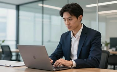 A professional financial advisor in a modern North American / US office setting, interacting with a sleek laptop. The background features a clean, professional glass interior with subtle accents of dark navy and steel blue. The lighting is bright and airy, suggesting transparency and security.