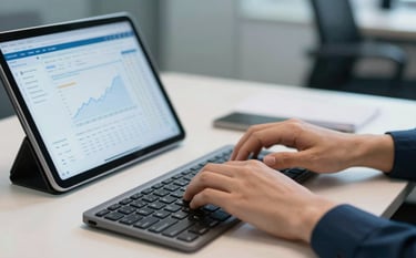 A close-up shot of hands typing on a high-end keyboard in a North American / US corporate headquarters. On the desk is a tablet showing clean data trends. The atmosphere is innovative and efficient, featuring colors like steel blue and off-white in a soft-focus background.