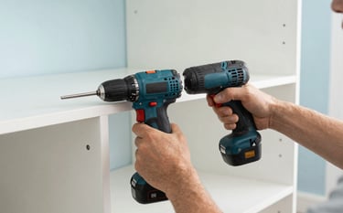 Detailed close-up of a professional handyman using a modern power drill to assemble a clean white cabinet. Bright, interior setting in a French home. The scene is organized and emphasizes precision. Colors include white, light blue, and black.