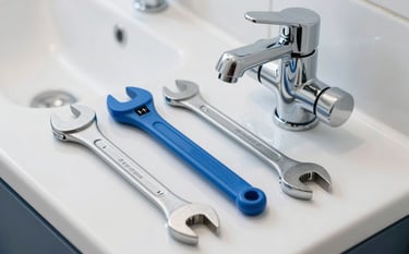 Professional photography of a set of clean, high-quality plumbing wrenches and a modern chrome faucet on a white surface in a bright bathroom in Southern France. The style is expert and tidy, featuring a palette of white and electric blue.